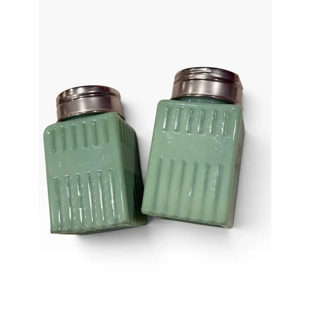 TPC Jadeite Green Milk Glass Salt & Pepper Shakers Ribbed Square Import Vintage